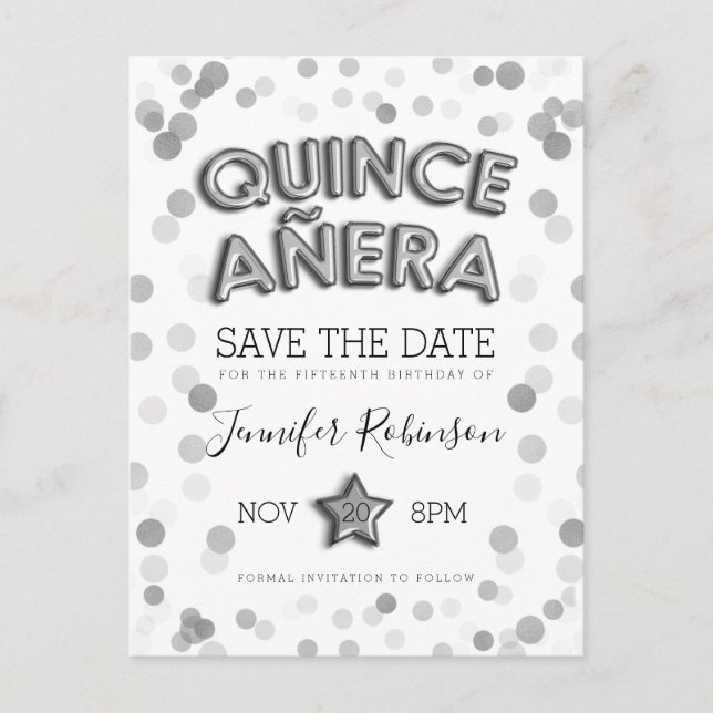Quinceanera Save the Date Silver Balloons Glitzer Ankündigungspostkarte (Vorderseite)