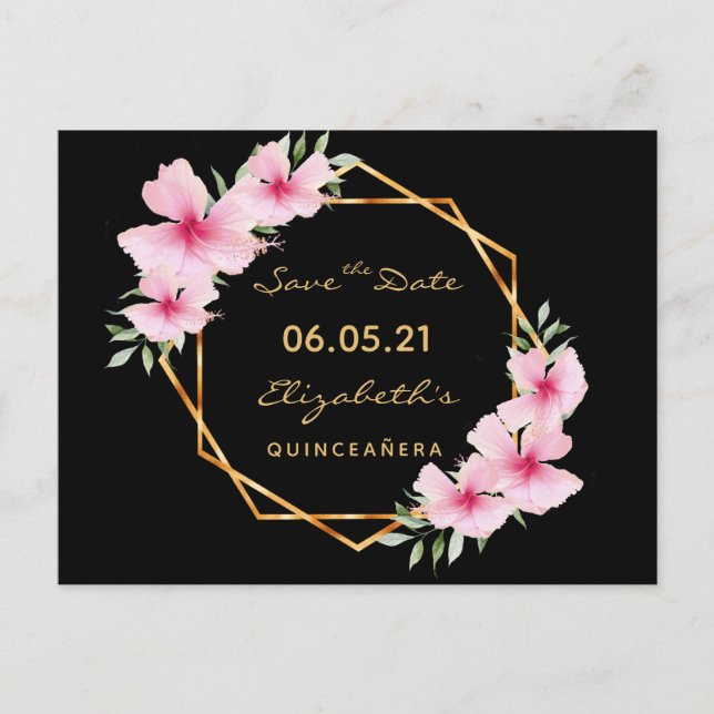 Quinceanera Save the Date tropischen Gold schwarze Postkarte (Vorderseite)