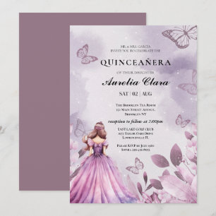 Quinceañera-Schimmer lila Floralschmetterling  Einladung