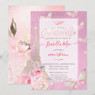 Quinceanera-Schimmernder Eiffelturm, Schmetterling Einladung