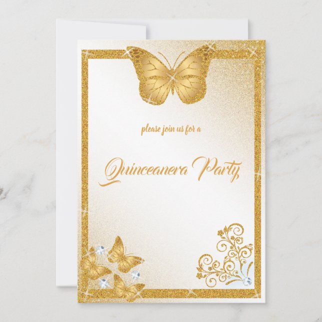 Quinceanera Schmetterling Gold Glitzer elegant Dia Einladung (Vorderseite)