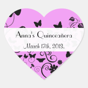 Quinceanera - Schmetterlinge, Insekten - rosa Schw Herz-Aufkleber