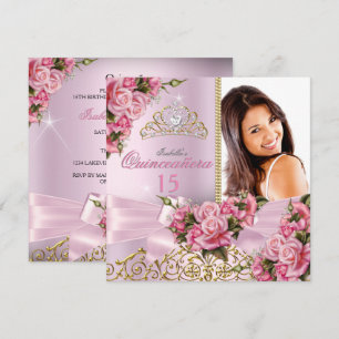 Quinceanera Schöne rosa Rosen Tiara Foto Geburtsta Einladung