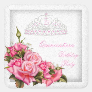 Quinceanera Schöne rosa Rosen Weiße 15. Party Quadratischer Aufkleber