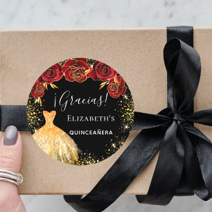 Quinceanera Schwarz Gold Kleid Gracias Runder Aufkleber