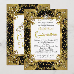 Quinceanera Schwarz Gold Perlen Tiara Glanz Einladung