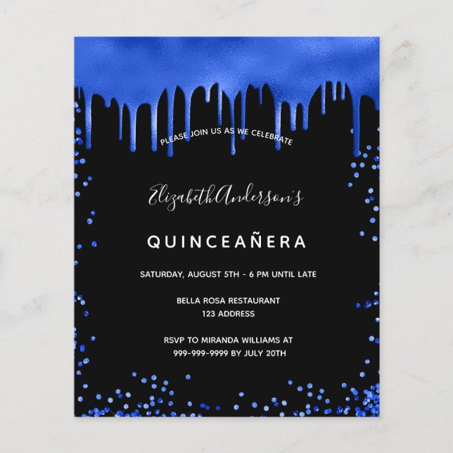 Quinceanera schwarz königsblau Einladung zum Haush Flyer (Vorne)