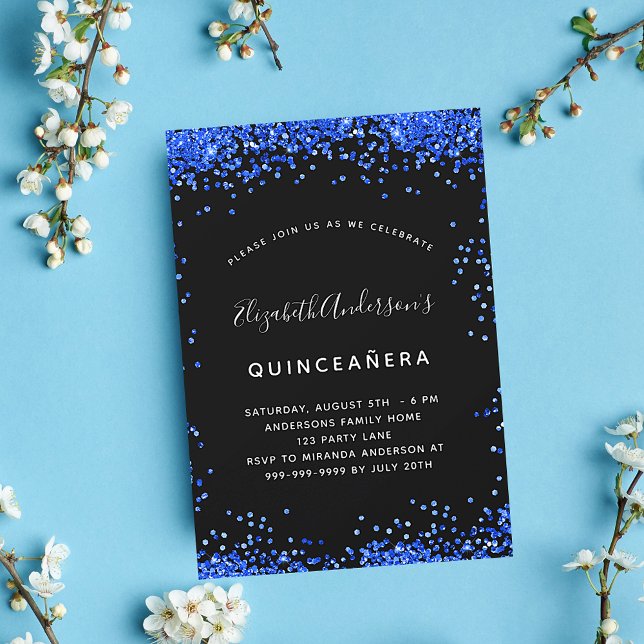 Quinceanera schwarz königsblaue Glitzern Party Einladung (Von Creator hochgeladen)