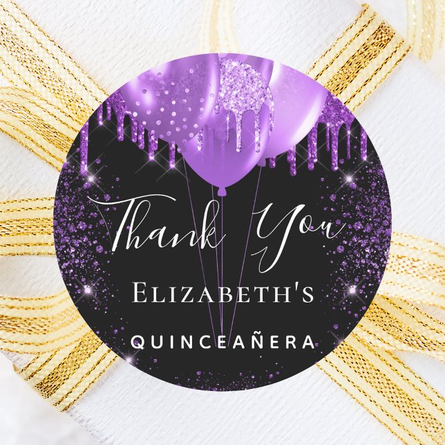 Quinceanera schwarz lila Glitzer Name vielen Dank Runder Aufkleber (Von Creator hochgeladen)