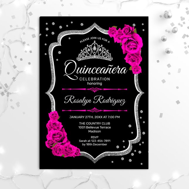 Quinceanera - Schwarz-Rosa-Silber Einladung (Von Creator hochgeladen)