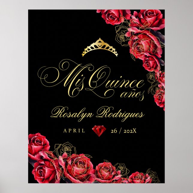 Quinceanera - Schwarz-Rot-Gold-Dekorationen Zeiche Poster (Vorne)