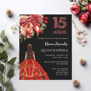 Quinceanera Schwarz Rot Kleid Bogen Blumen Einladu