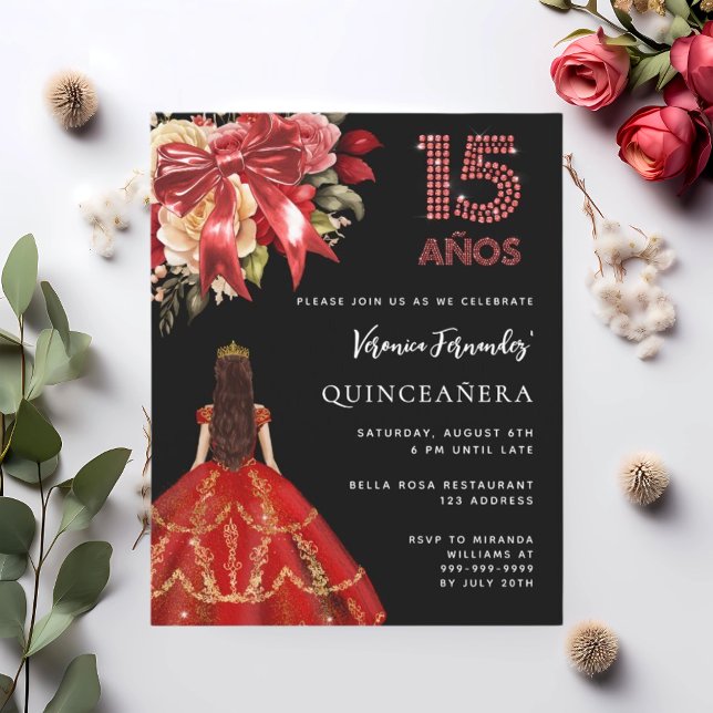 Quinceanera Schwarz Rot Kleid Bogen Blumen Einladu (Von Creator hochgeladen)