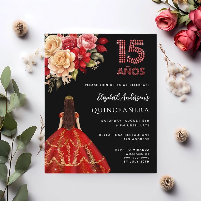 Quinceanera Schwarz Rot Kleid Rose Einladung (Von Creator hochgeladen)