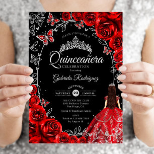 Quinceanera Schwarz Rot Silber Einladung