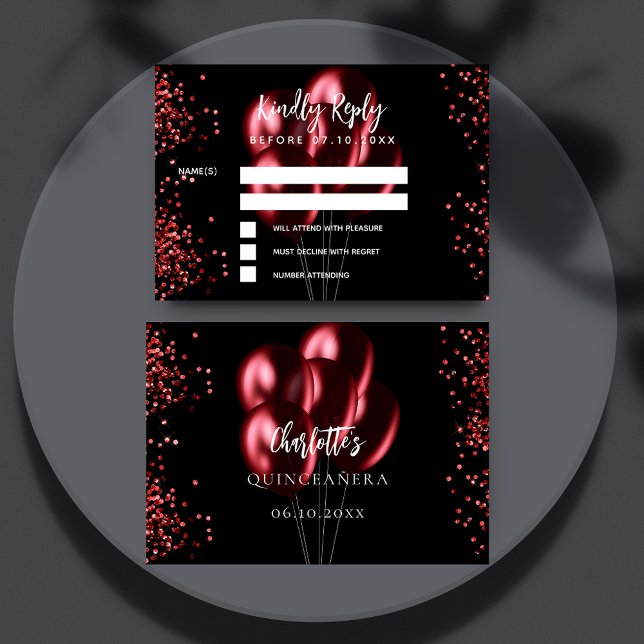 Quinceanera schwarz rote Ballons Antwort RSVP Kart (Von Creator hochgeladen)