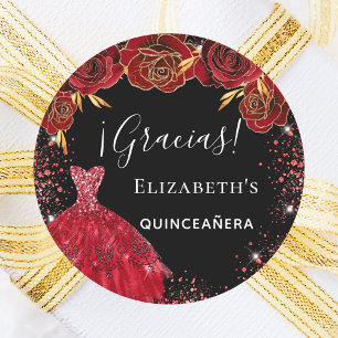 Quinceanera schwarz rote Kleidung Blumen Gracias Runder Aufkleber