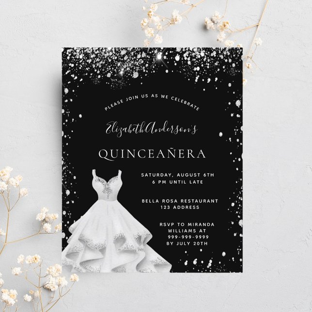 Quinceanera Schwarz-Silber-Glitzer Einladung (Von Creator hochgeladen)