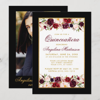 Quinceanera Schwarz-weiß Gold Burgund Blumengestei Einladung