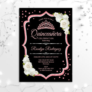 Quinceanera - Schwarz-weiße Rose Gold Einladung