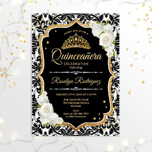 Quinceanera - Schwarz-weißes Gold Einladung
