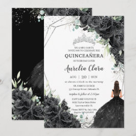 Quinceañera Schwarze Flora Rose Kleid Silver Crown Einladung