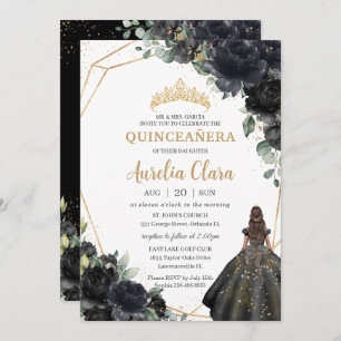 Quinceañera Schwarze Flora Rose Prinzessin Goldkro Einladung