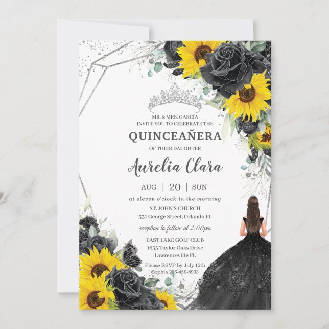 Quinceañera Schwarze Flora Rose Sonnenblumen Silve Einladung (Vorderseite)