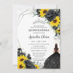 Quinceañera Schwarze Flora Rose Sonnenblumen Silve Einladung