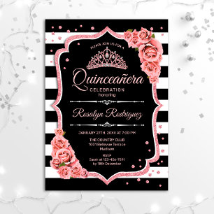 Quinceanera - Schwarze Rose Gold Einladung