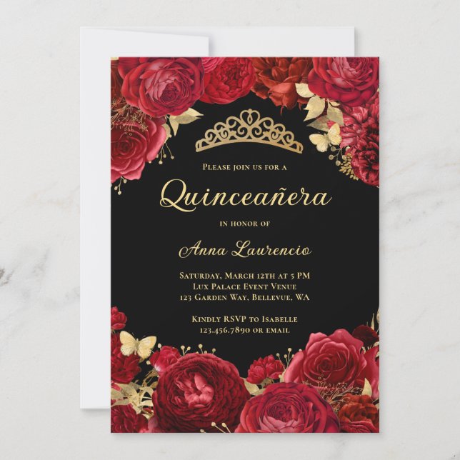 Quinceanera Schwarze Rote Rosen Blume Einladung (Vorderseite)