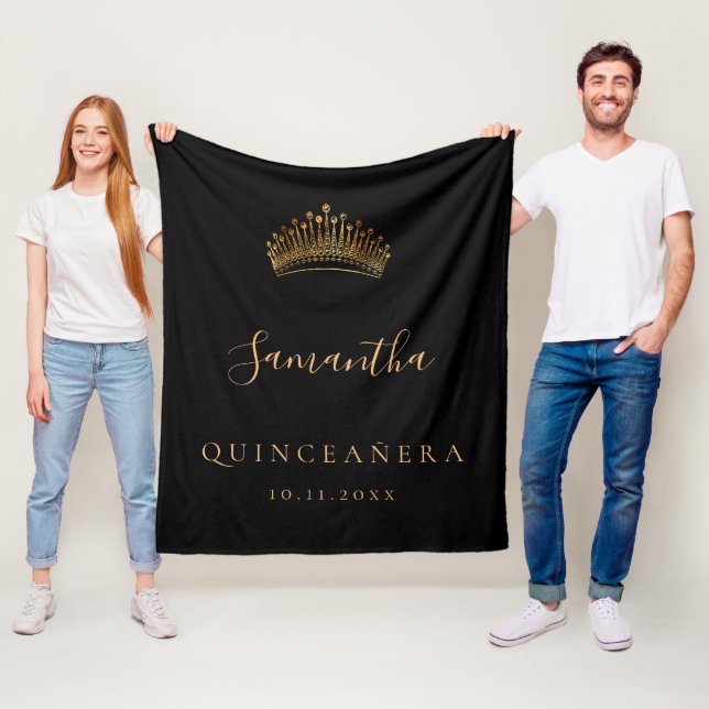 Quinceanera schwarzer Goldtiara-Kronname Fleecedecke (Beispiel)