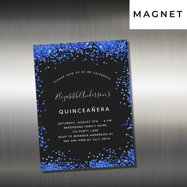 Quinceanera Schwarzer Königsblauer Einladungsmagne Magnetkarte (Von Creator hochgeladen)