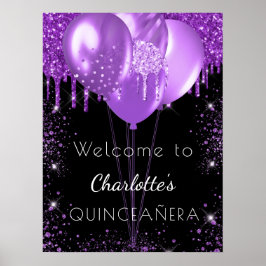 Quinceanera Schwarzer lila Glitzer Begrüßungsballo Poster