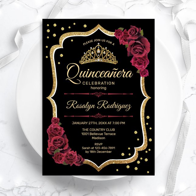 Quinceanera - Schwarzes Burgund Gold Einladung (Von Creator hochgeladen)