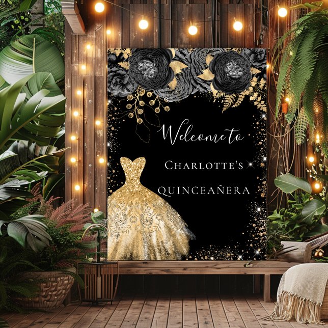 Quinceanera Schwarzes Gold Kleid Blumenempfang Poster (Von Creator hochgeladen)