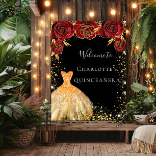 Quinceanera schwarzes Gold Kleid Rot Blumenempfang Poster