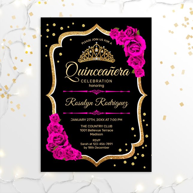 Quinceanera - Schwarzes Gold Pink Einladung (Von Creator hochgeladen)