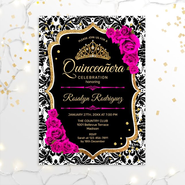 Quinceanera - Schwarzes Rosa Gold Einladung (Von Creator hochgeladen)