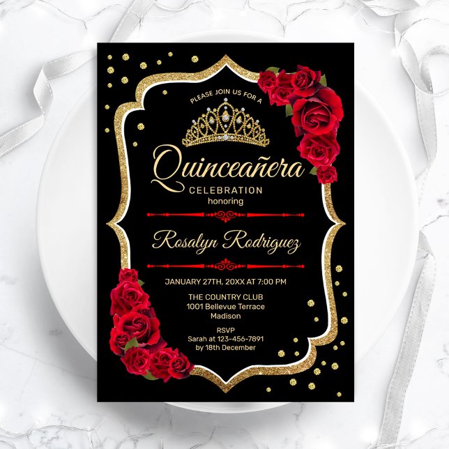 Quinceanera - Schwarzes Rotes Gold Einladung (Von Creator hochgeladen)