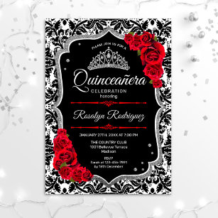 Quinceanera - Schwarzes Rotes Silber Einladung