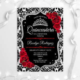 Quinceanera - Schwarzes Rotes Silber Einladung