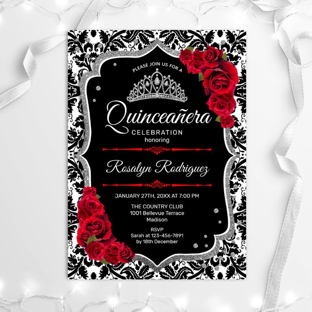 Quinceanera - Schwarzes Rotes Silber Einladung (Von Creator hochgeladen)