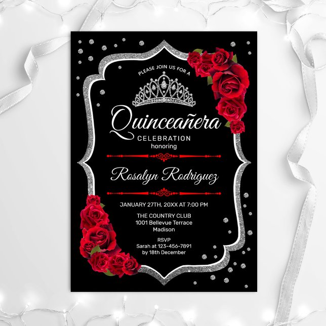 Quinceanera - Schwarzes Silber Rot Einladung (Von Creator hochgeladen)