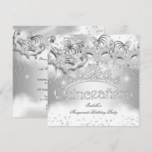 Quinceanera Silber Glitzer Maskenball Party 2 Einladung