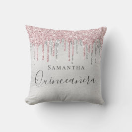 Quinceanera silber rosa Glitzer Tropfen Monogramm  Kissen