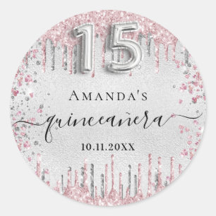 Quinceanera silber rosa Glitzer Tropfen Name Runder Aufkleber