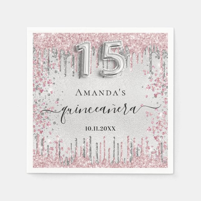 Quinceanera silber rosa Glitzer Tropfen Name Serviette (Vorderseite)