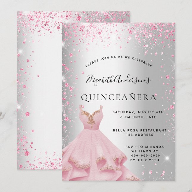 Quinceanera silber rosa Kleid Glitzer Staub Einladung (Vorne/Hinten)
