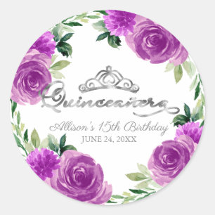 Quinceanera Silber-Tiara lila floral Runder Aufkleber